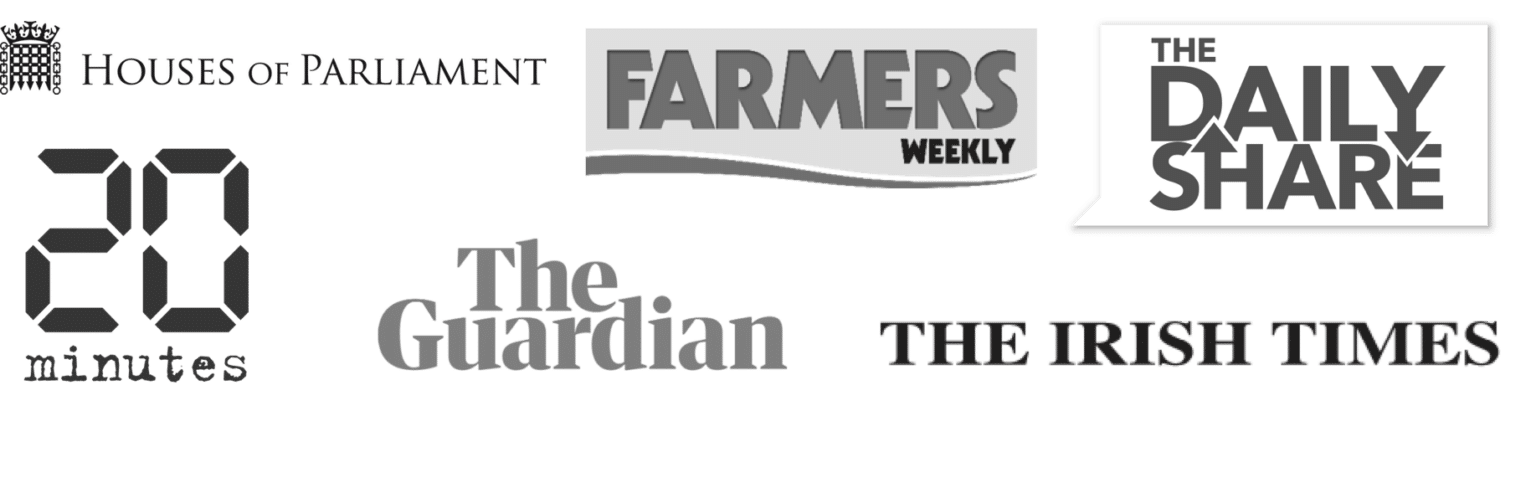 Contribly customer logos - the guardian - houses of parliament - 20minutes - the irish times - farmers weekly - the daily share